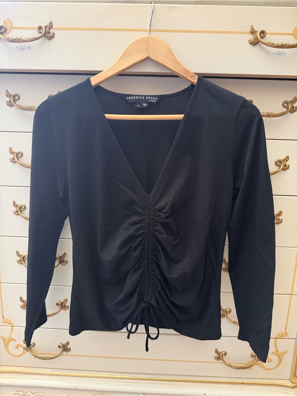 Veronica Beard Black V-Neck Ruched Drawstring Long Sleeve Top